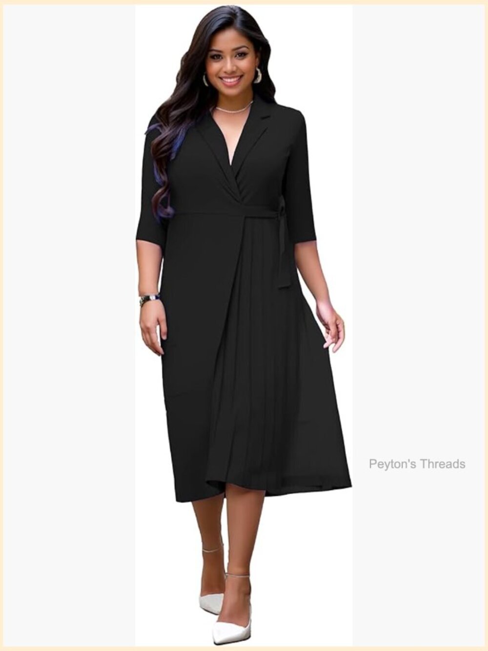 Plus Size Wrap Dress Elegant Pleated Formal Midi Suit Collar 3/4 Sleeve Belted